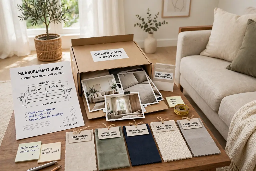 Complete order pack with measurement sheet, photos, and fabric swatches on a table.