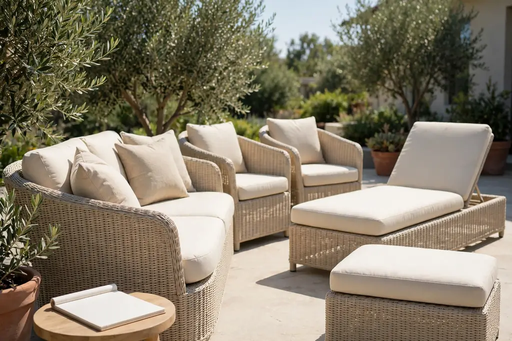 Patio set with a sofa, chairs, chaise, and ottoman listed on a notepad.