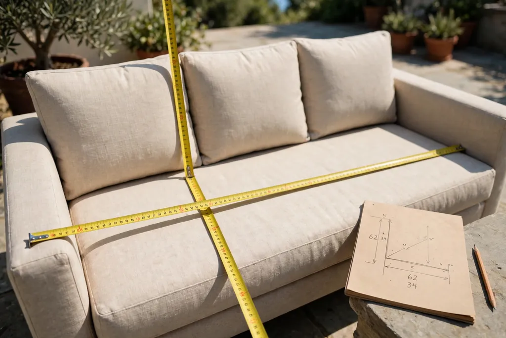 Measuring tape across an outdoor sofa for slipcover measurements.
