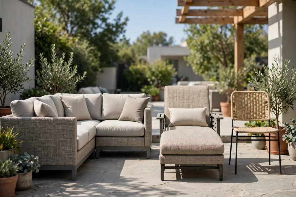Corner sectional, chaise, and dining chair shapes on a patio.
