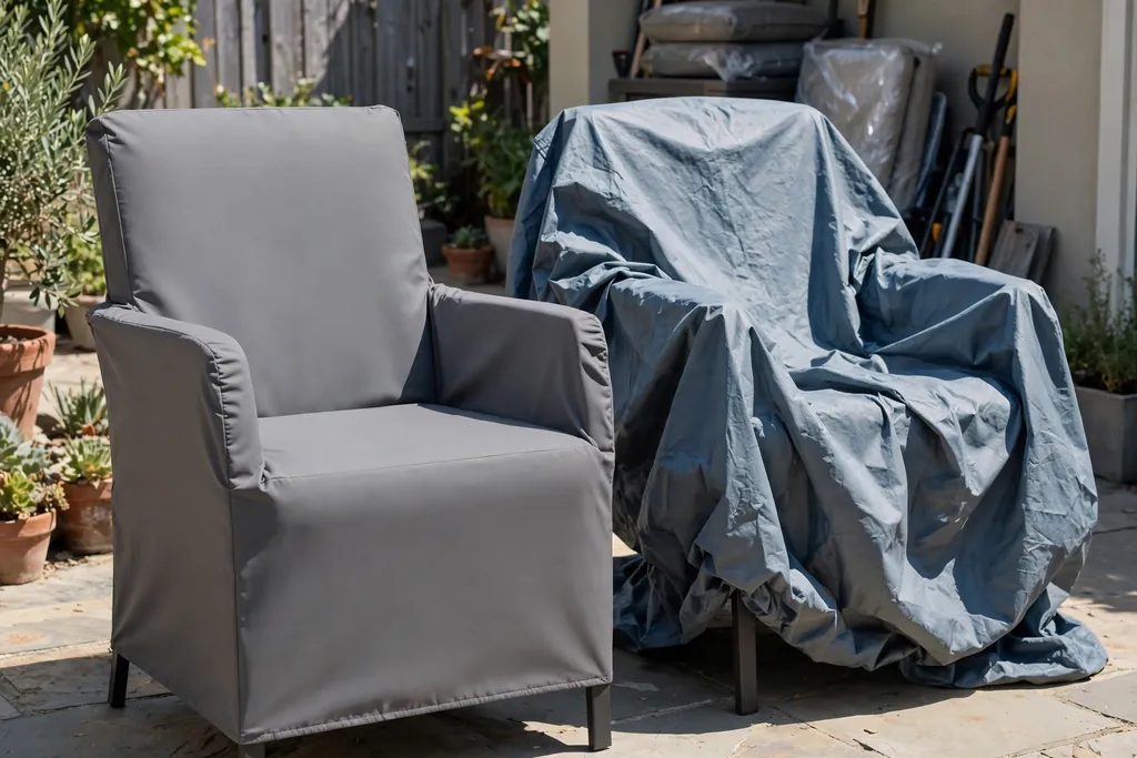 Fitted outdoor slipcover beside a loose protective cover on patio chairs.