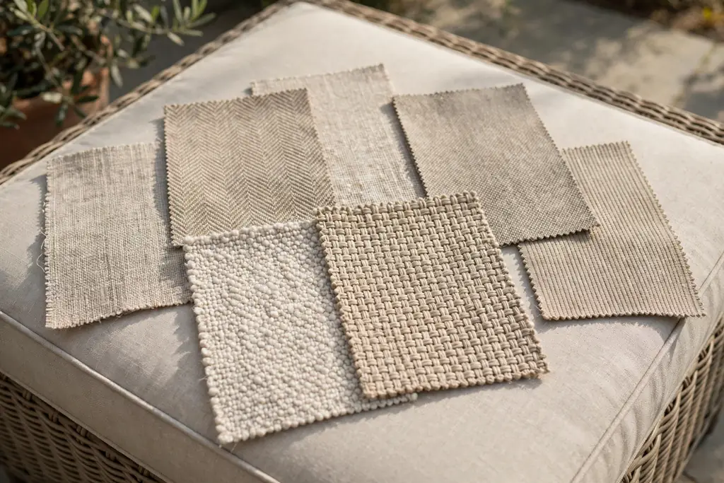 Outdoor slipcover fabric swatches in neutral tones on a patio sofa seat.