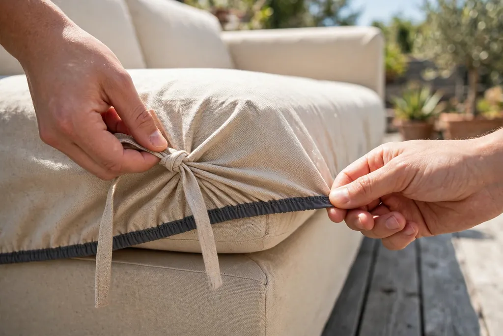 Hands fastening ties and checking an elastic hem on an outdoor slipcover.