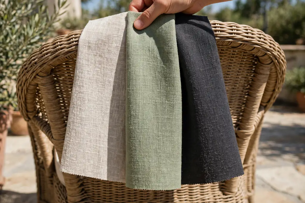 Light, mid, and dark fabric swatches held against a patio chair in sunlight.