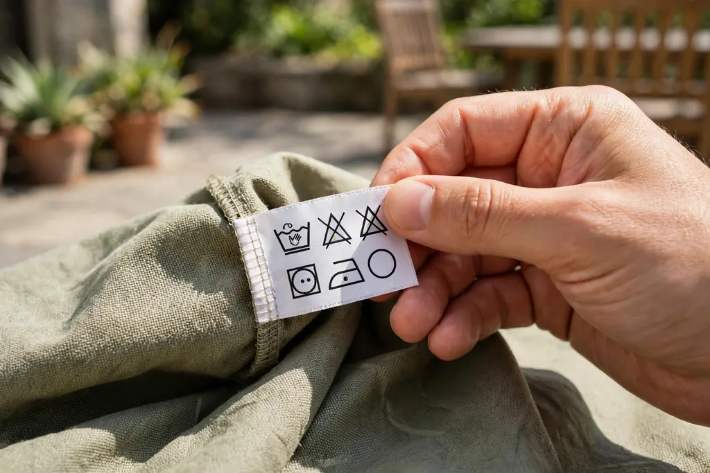 Care label on an outdoor slipcover being read before washing.