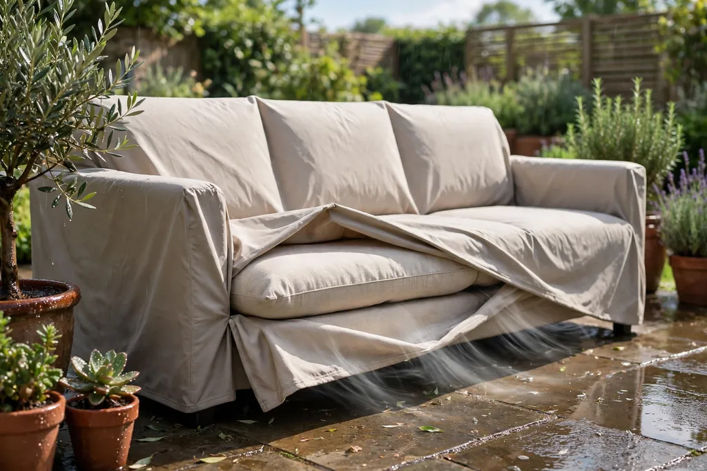 Outdoor sofa slipcover lifted at the base to show airflow after rain.