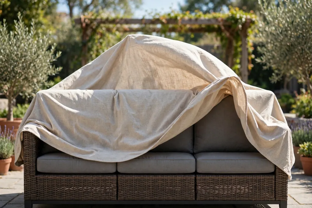 Outdoor slipcover being draped over the back of a patio sofa.