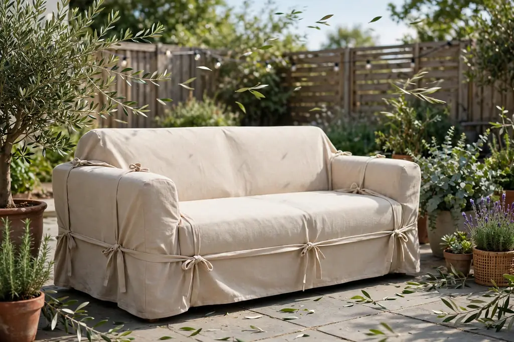 Outdoor sofa slipcover secured with ties on a breezy patio.