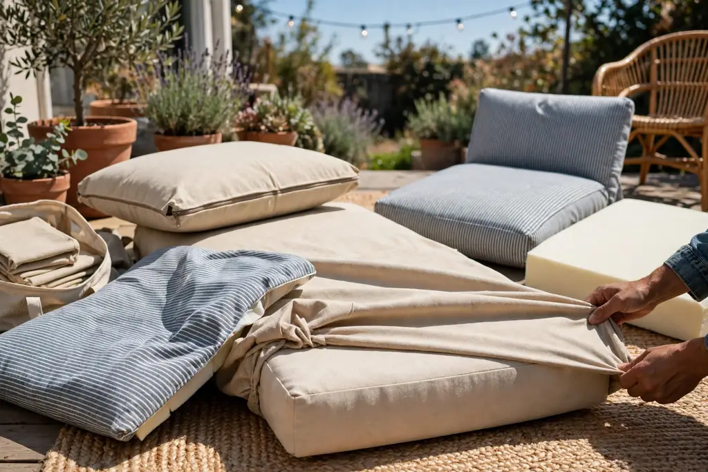 Separate outdoor cushion covers being fitted onto loose patio cushions.