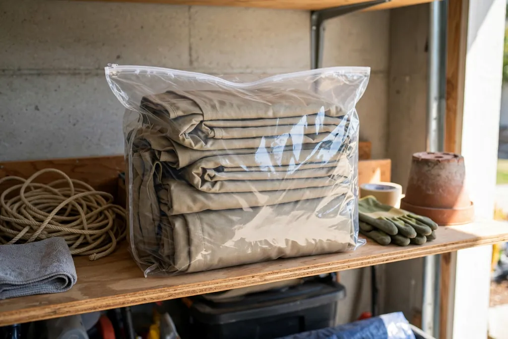 Folded outdoor slipcovers stored in a labeled bag on a garage shelf.