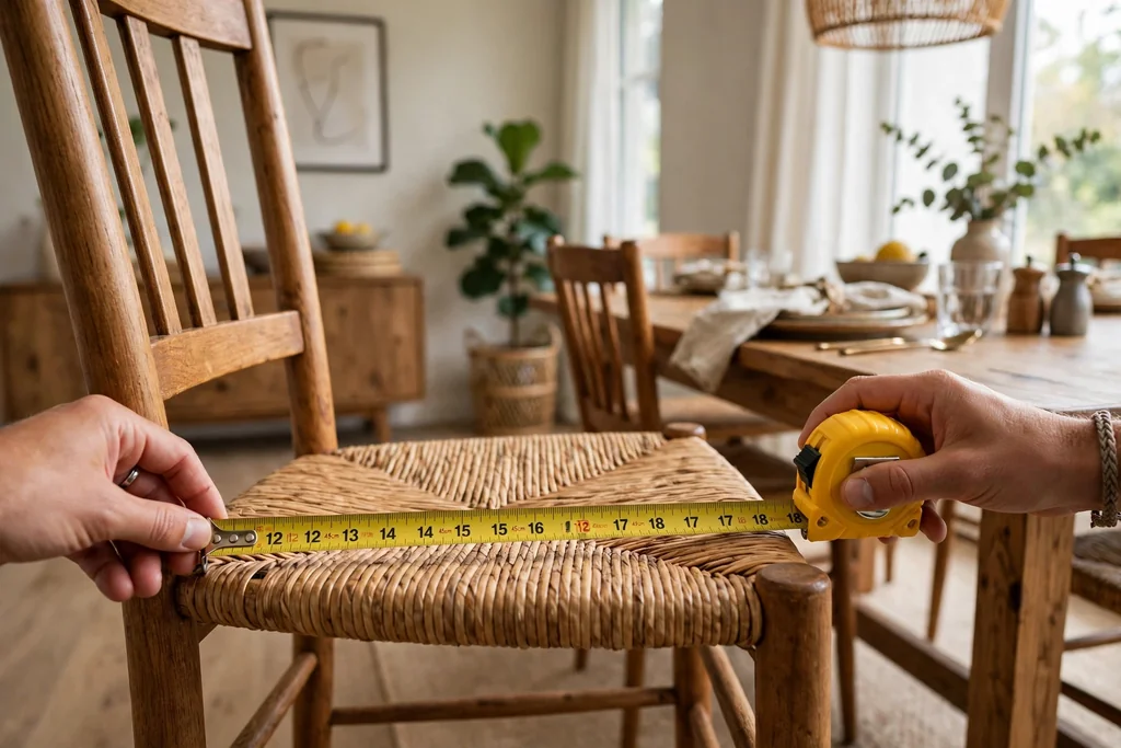 Hands measuring a dining chair seat with a tape measure.