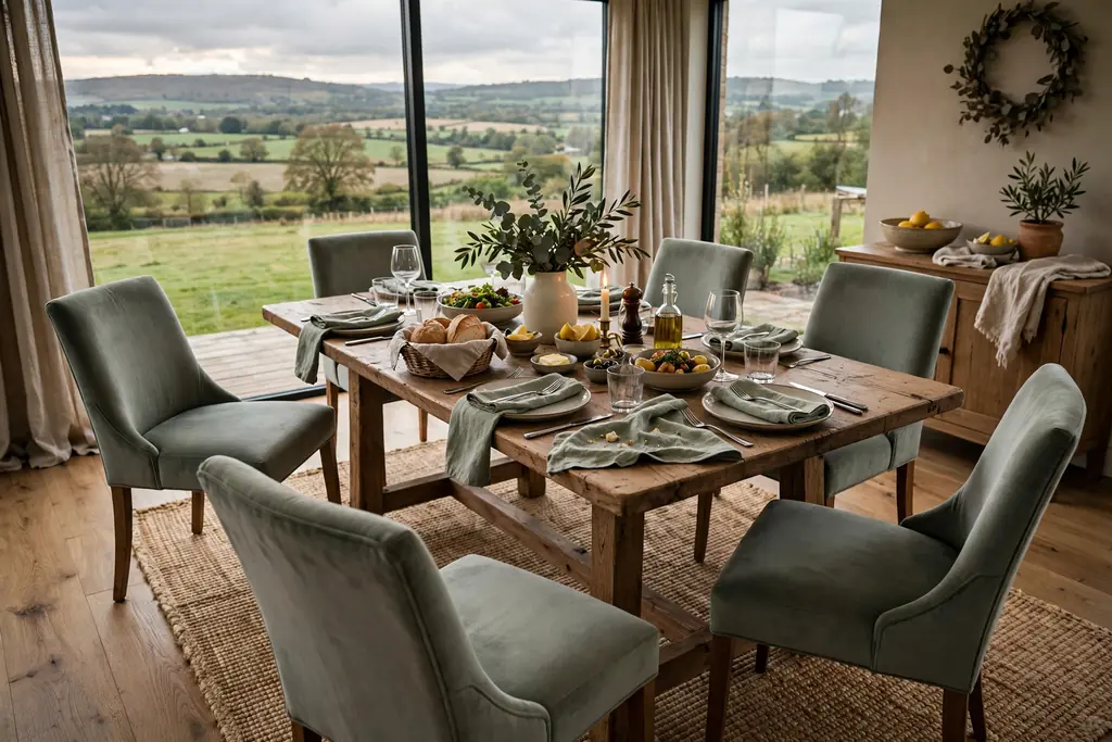 Family dining table set for a meal with upholstered chairs around it.