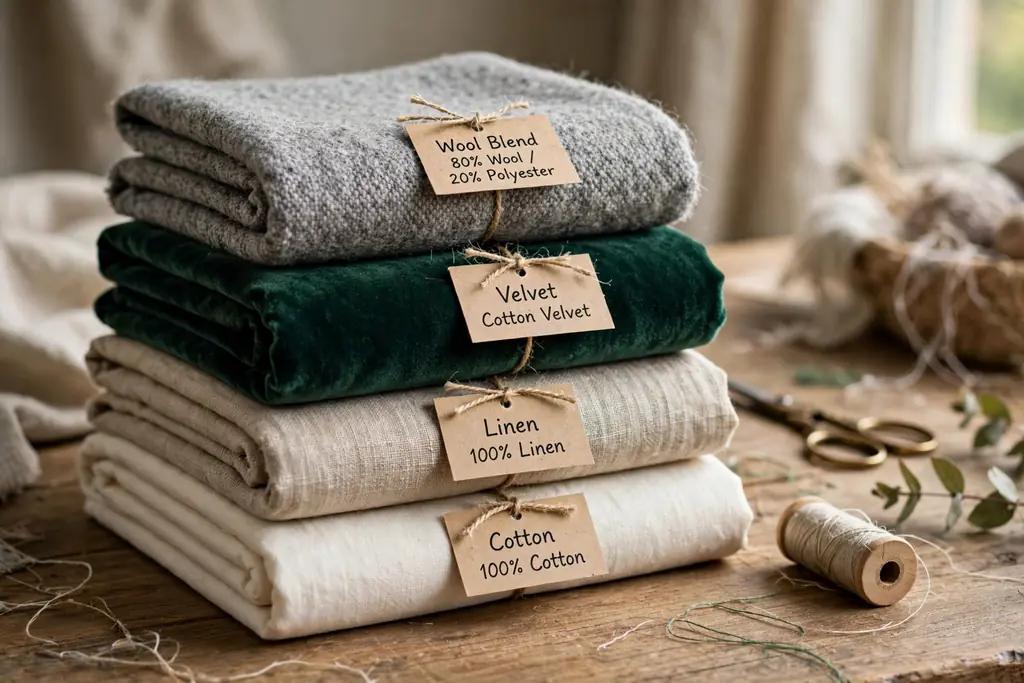 Folded fabric swatches in cotton, linen, velvet, and wool blend on a table.