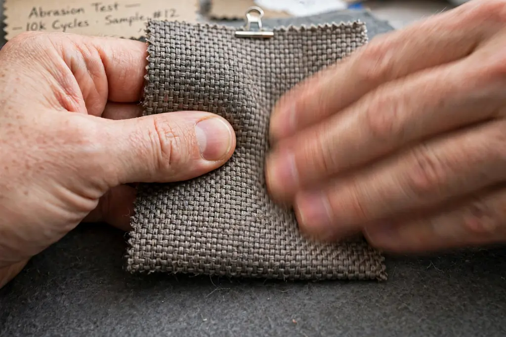 Hands testing a tight weave upholstery fabric sample for durability.