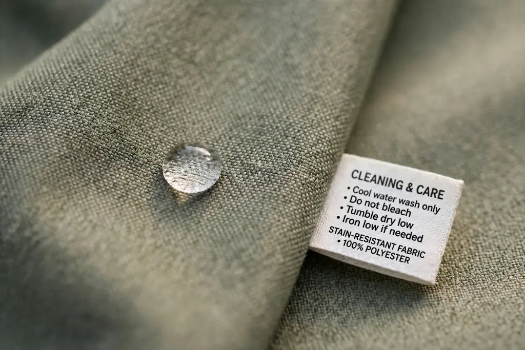Water beading on a stain resistant fabric sample beside a cleaning label.