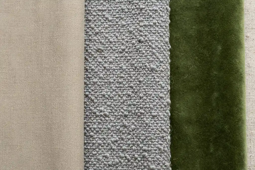 Woven upholstery textures in smooth, nubby, and velvet finishes.