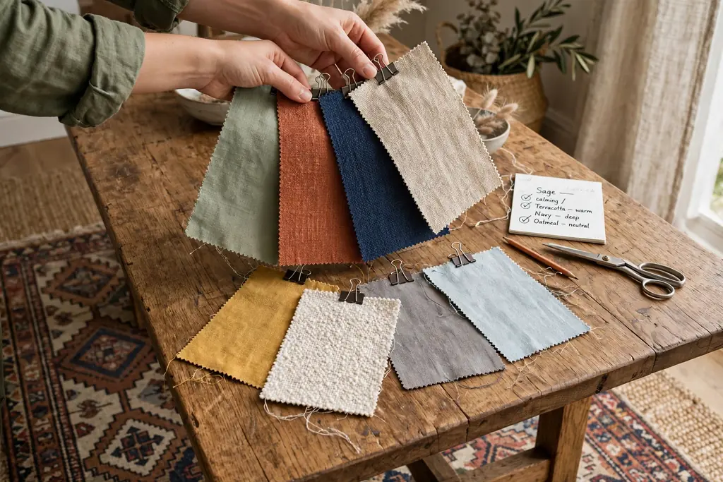 Fabric samples held against a wood dining table beside a rug.