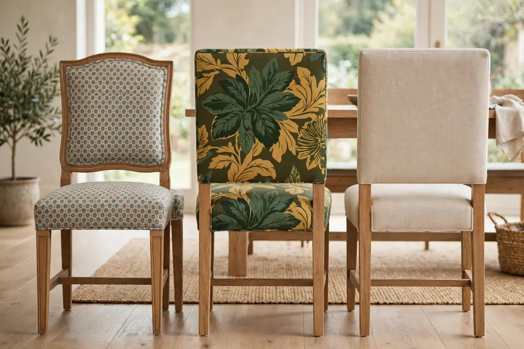 Dining chairs in small pattern, large pattern, and plain fabric side by side.