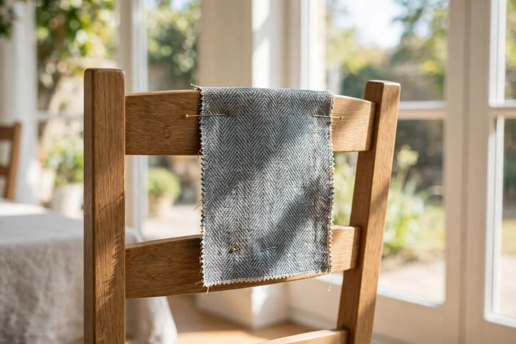 Fabric sample pinned to a dining chair back in bright window light.