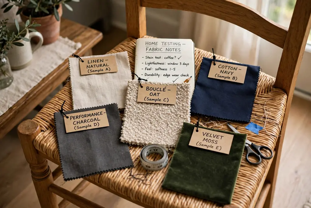 Labeled fabric samples laid on a dining chair seat for testing.