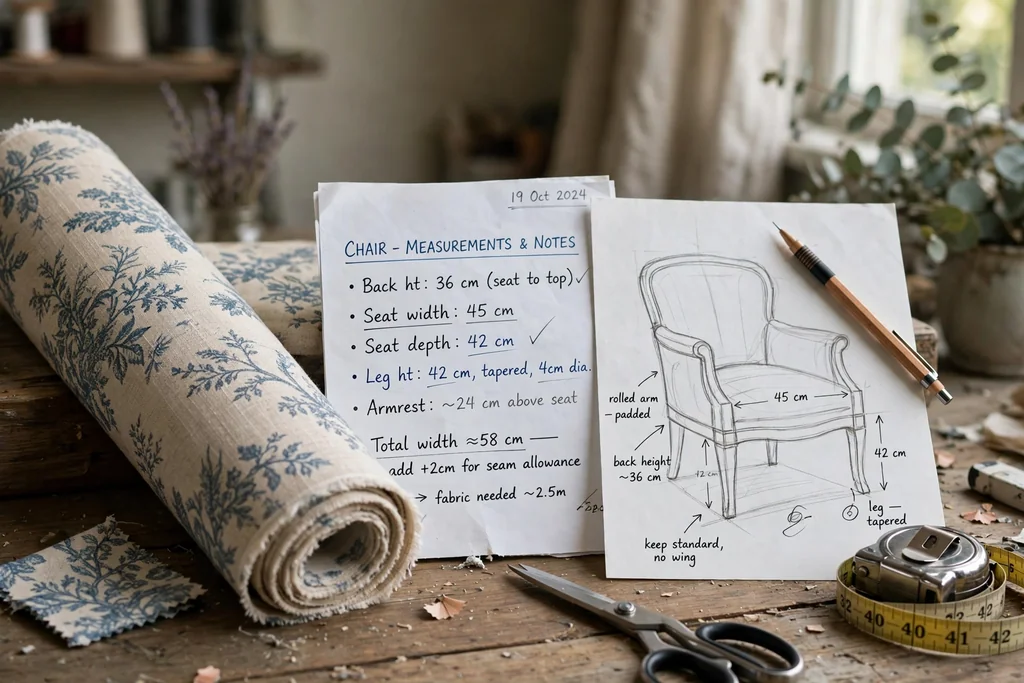 Roll of patterned upholstery fabric beside measuring notes and a chair sketch.