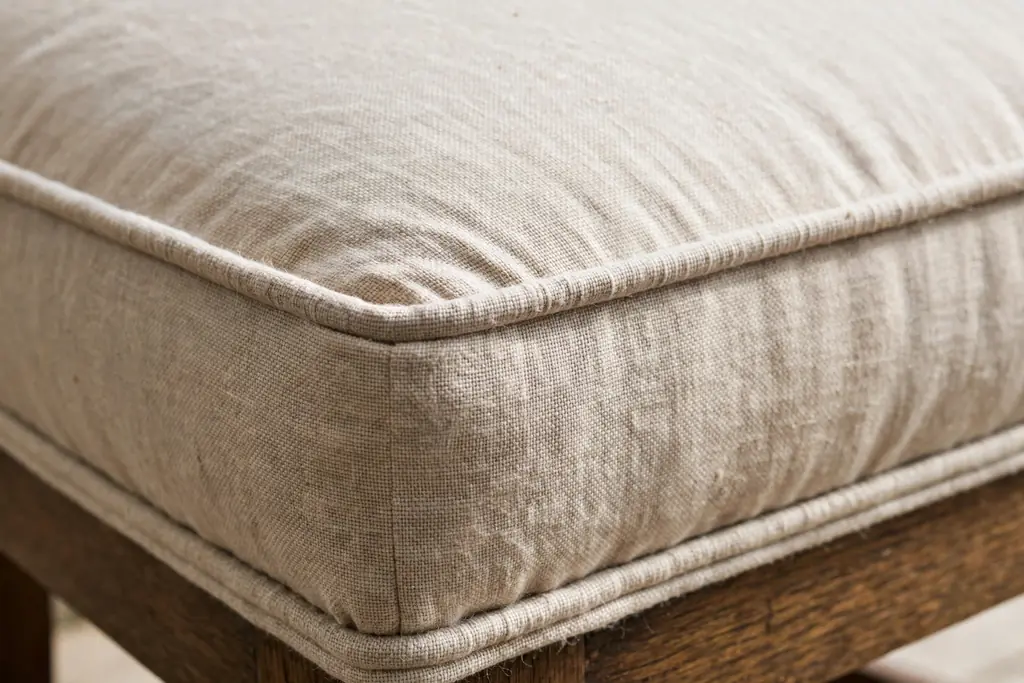 Close view of piped edging on an upholstered dining chair seat.