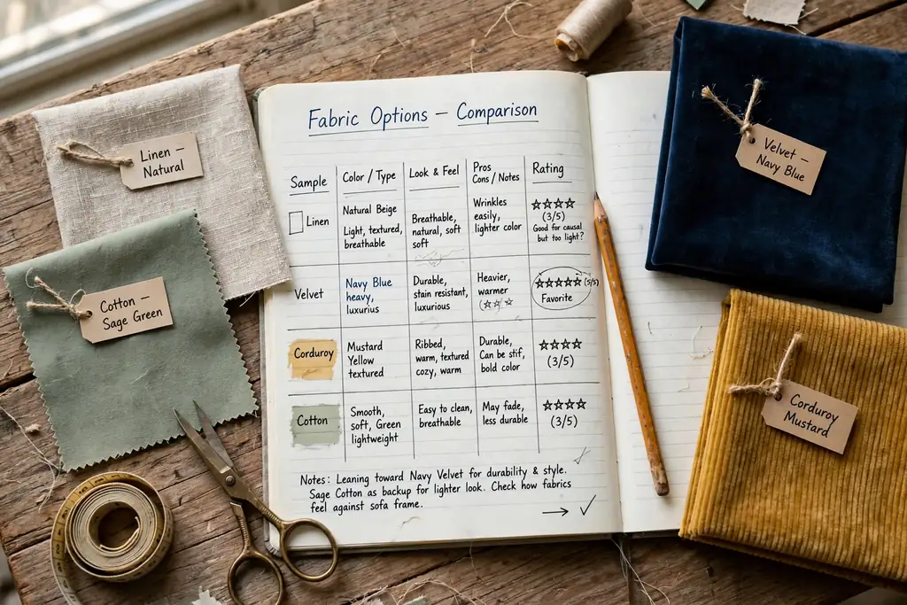 Fabric samples arranged with a notebook and pencil for comparing options.