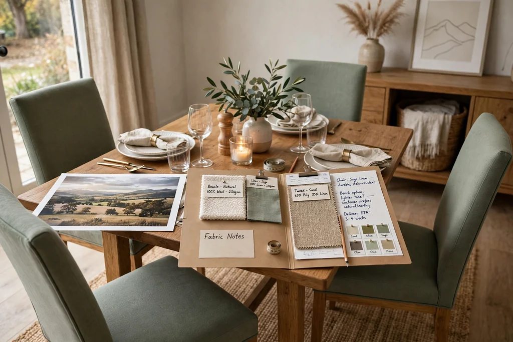 Finished upholstered dining chairs around a set table with a fabric record folder.