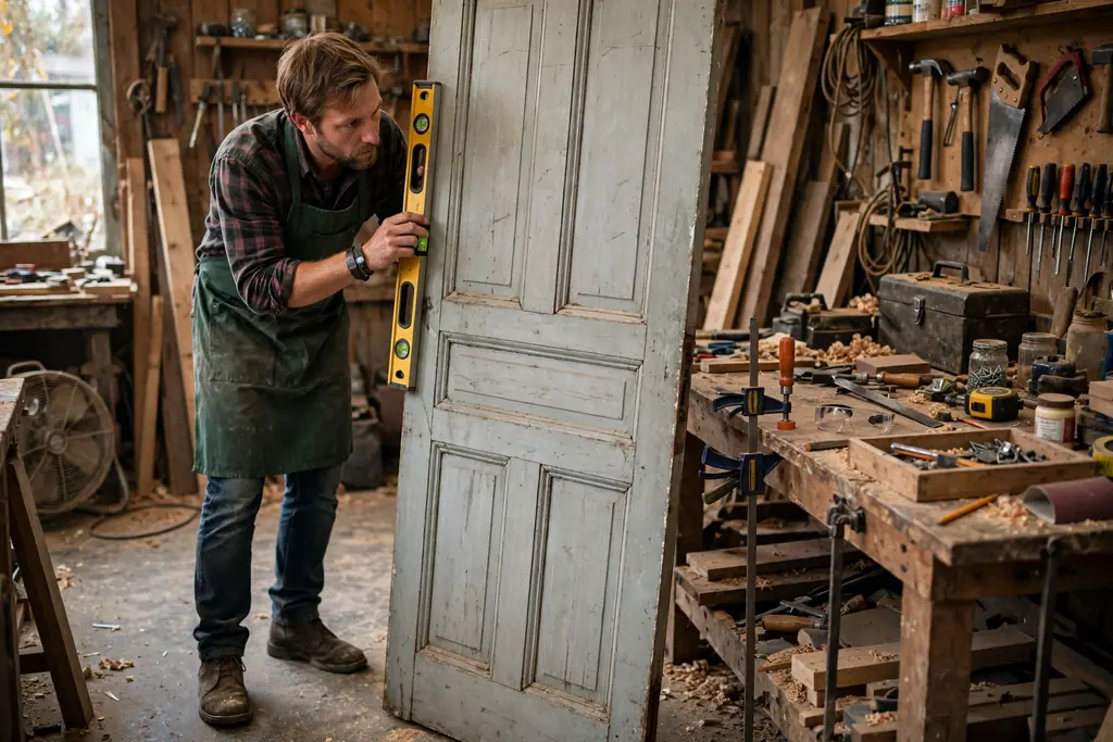 Person inspecting an old solid panel door upright in a workshop.