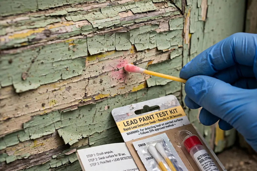 Old painted door surface being checked for lead paint with a test kit.