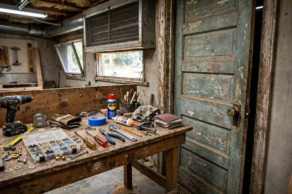 Tools and supplies laid out on a workbench beside an old door.