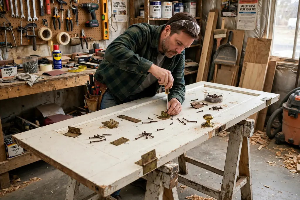 Person removing old hinges and handles from a door on sawhorses.