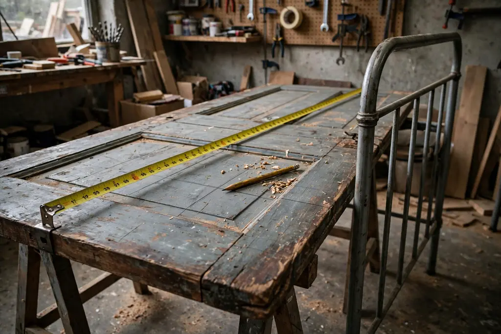 Measuring tape and pencil marking a cut line across an old door.
