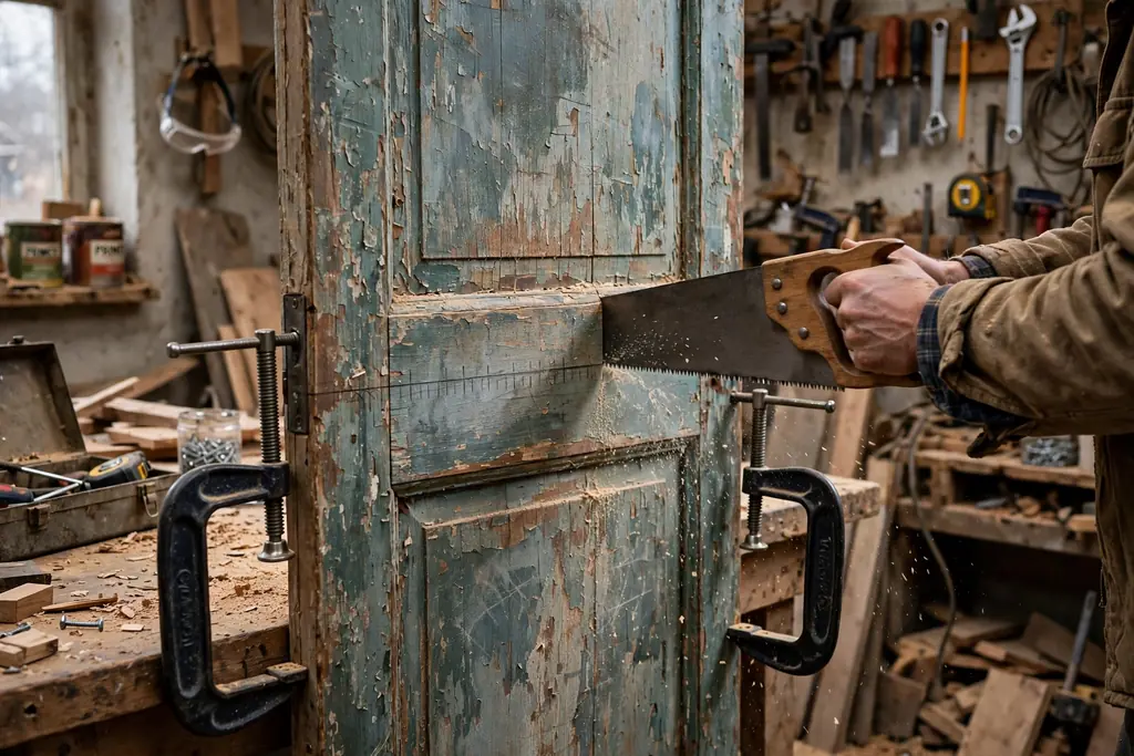 Clamped old door being cut with a saw along a marked line.
