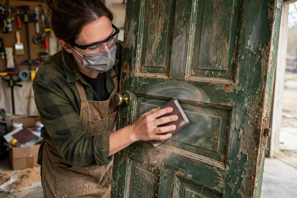 Person sanding an old door surface wearing a dust mask and safety glasses.