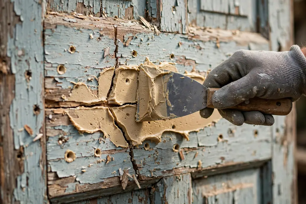 Wood filler smoothed into nail holes and cracks on an old door.