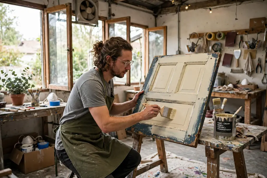 Person painting an old panel door with a brush in a light color.