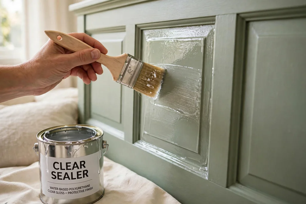 Clear sealer brushed over a painted door headboard surface.