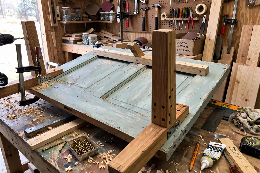 Wooden legs and mounting cleat fixed to the back of a door headboard.