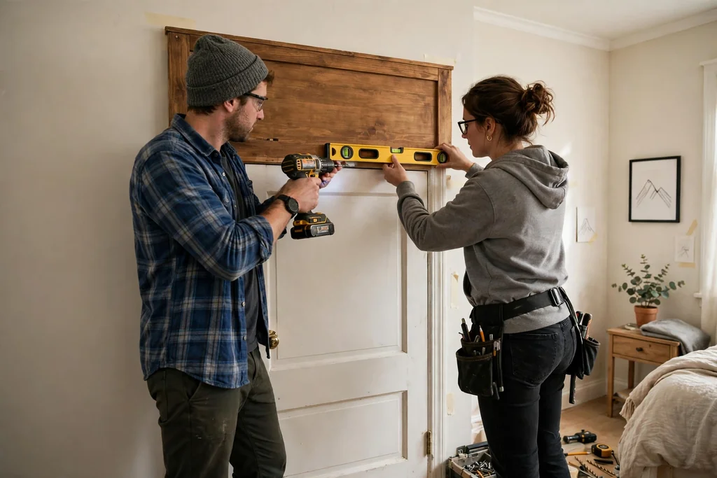 Two people securing a door headboard to a bedroom wall with a drill.