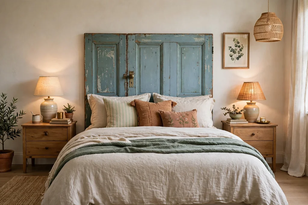 Finished bedroom with a painted old door headboard and dressed bed.