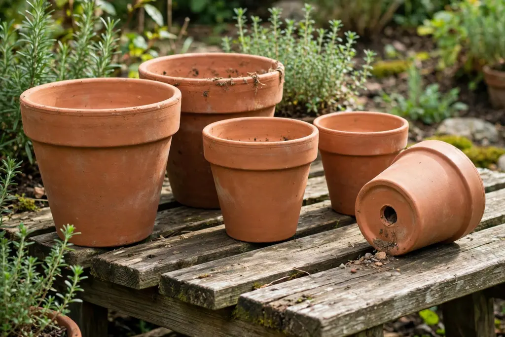 Unglazed terracotta pots of different sizes on a garden bench.