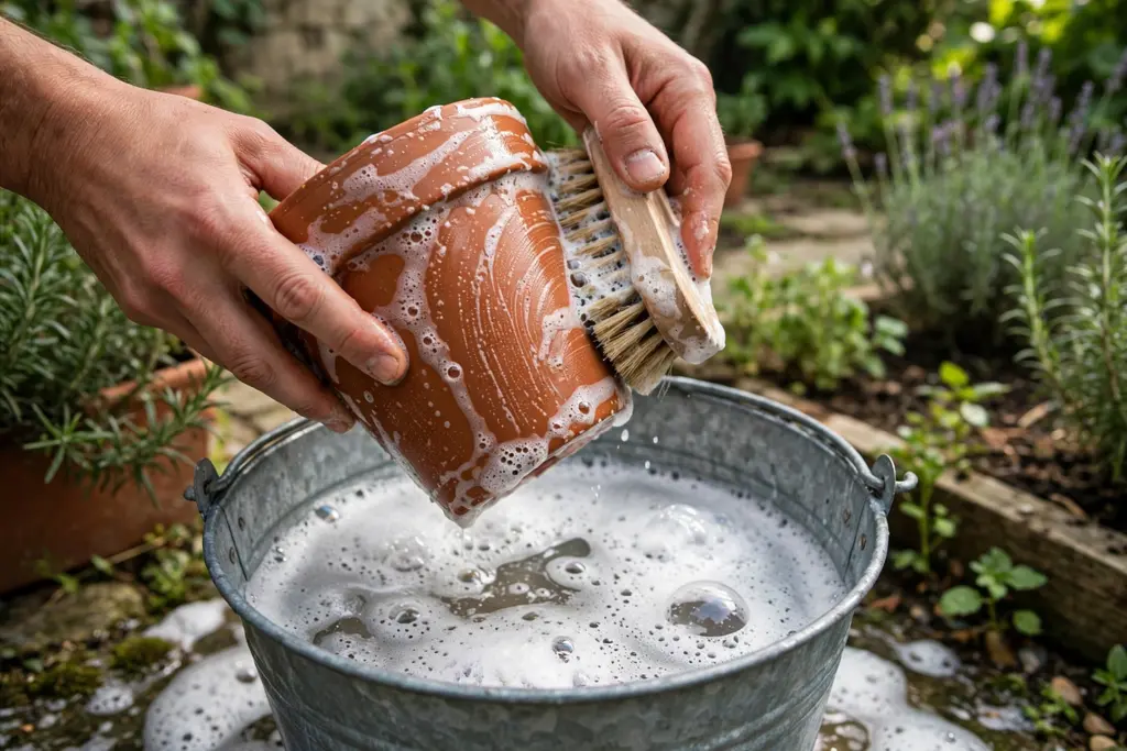 Hands scrubbing a terracotta pot with a stiff brush over a bucket of water.