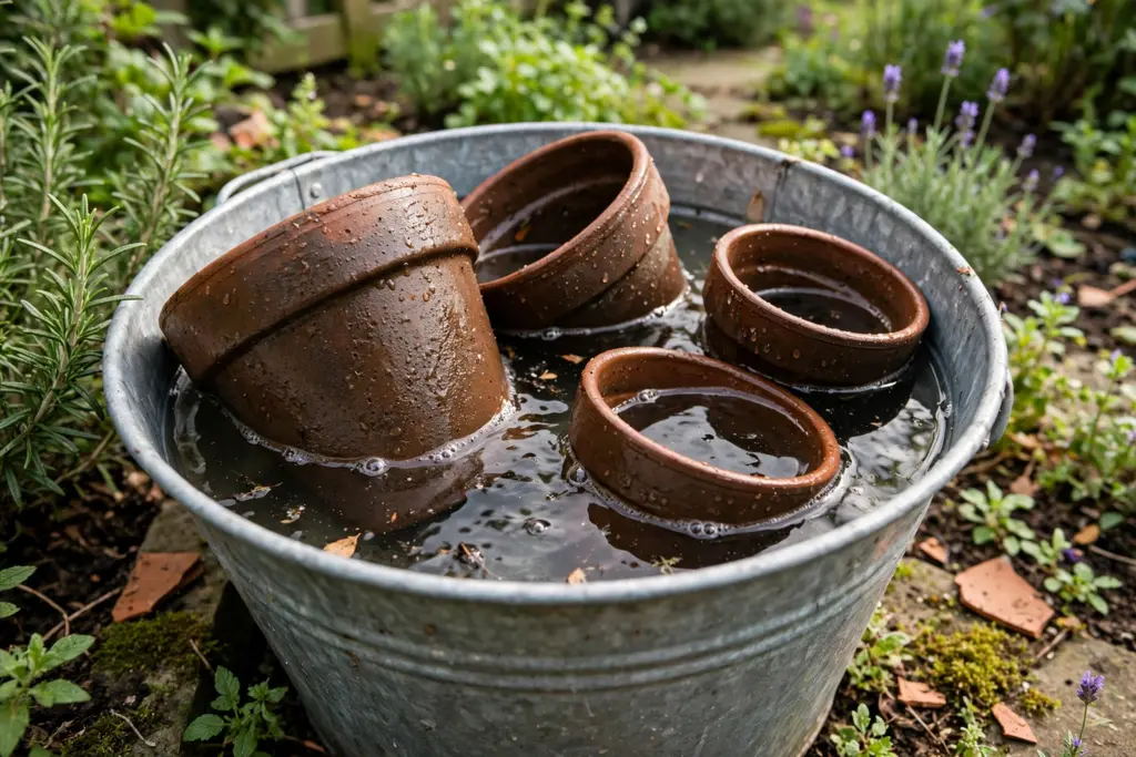 Terracotta pots soaking in a bucket of water with darkened clay.