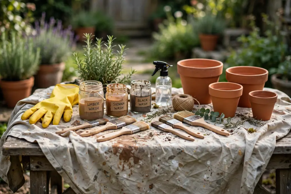 Work table with a drop cloth, brushes, wash jars, gloves, and terracotta pots.