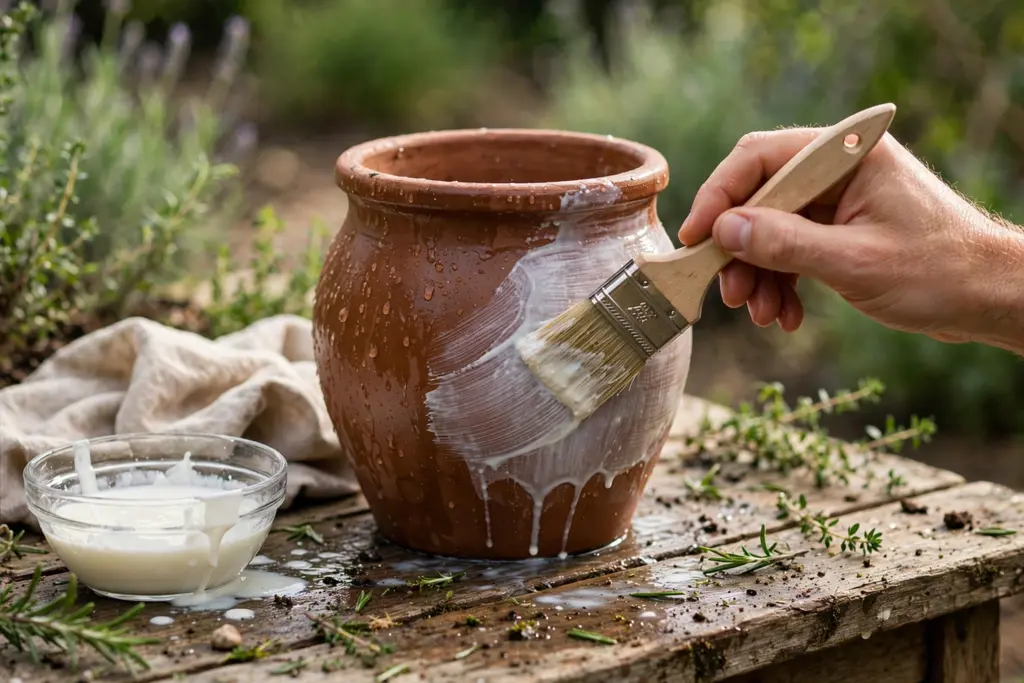 Hand brushing a thin yogurt wash over a damp terracotta pot.