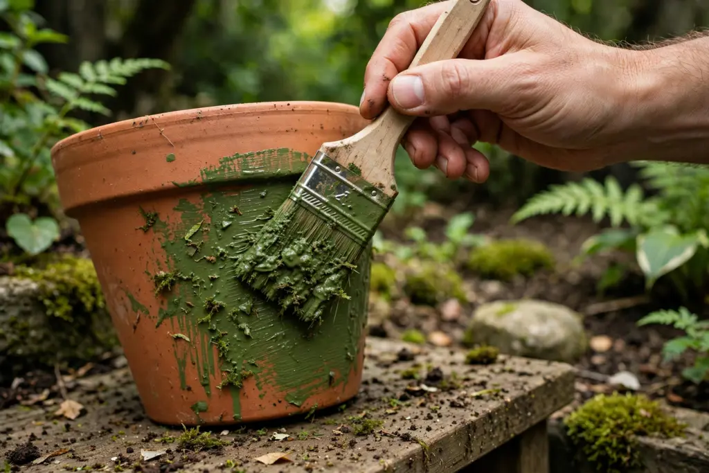Hand painting green moss slurry onto a terracotta pot with a brush.