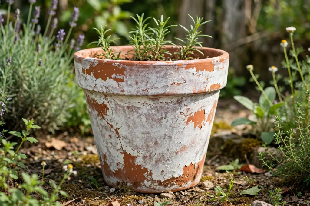 Terracotta pot partly covered in chalky white limewash with clay showing through.