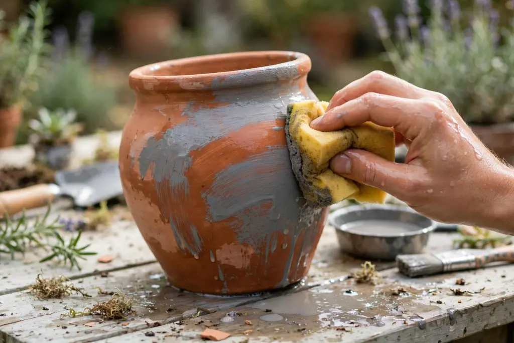 Hand wiping back a gray tinted paint wash on a terracotta pot with a sponge.