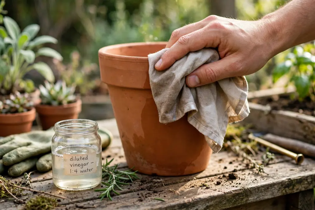 Hand wiping a terracotta pot with a cloth dampened with diluted vinegar.